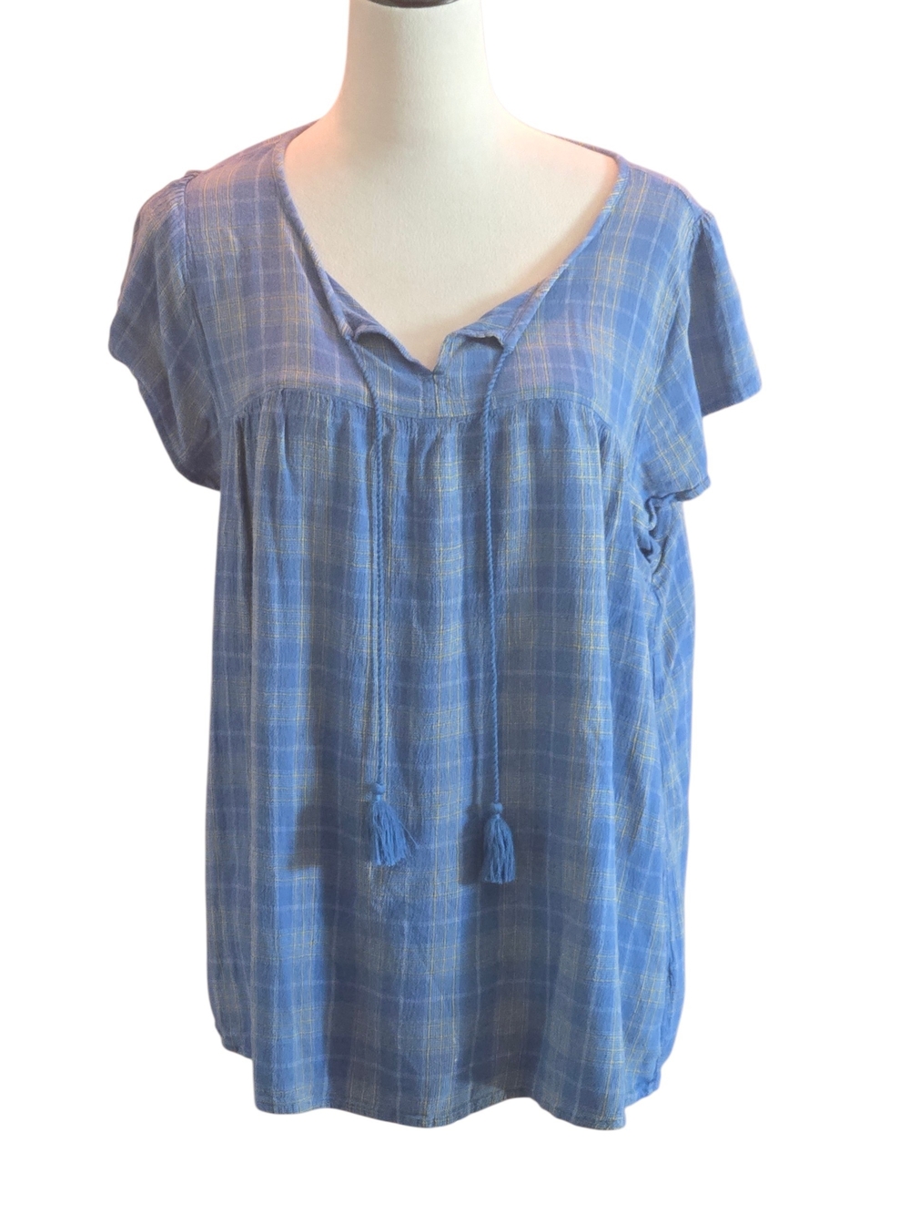 DIP Blue Plaid Gauze Peasant Top Women's 1X Tassel Tie V-Neck Short Sleeve